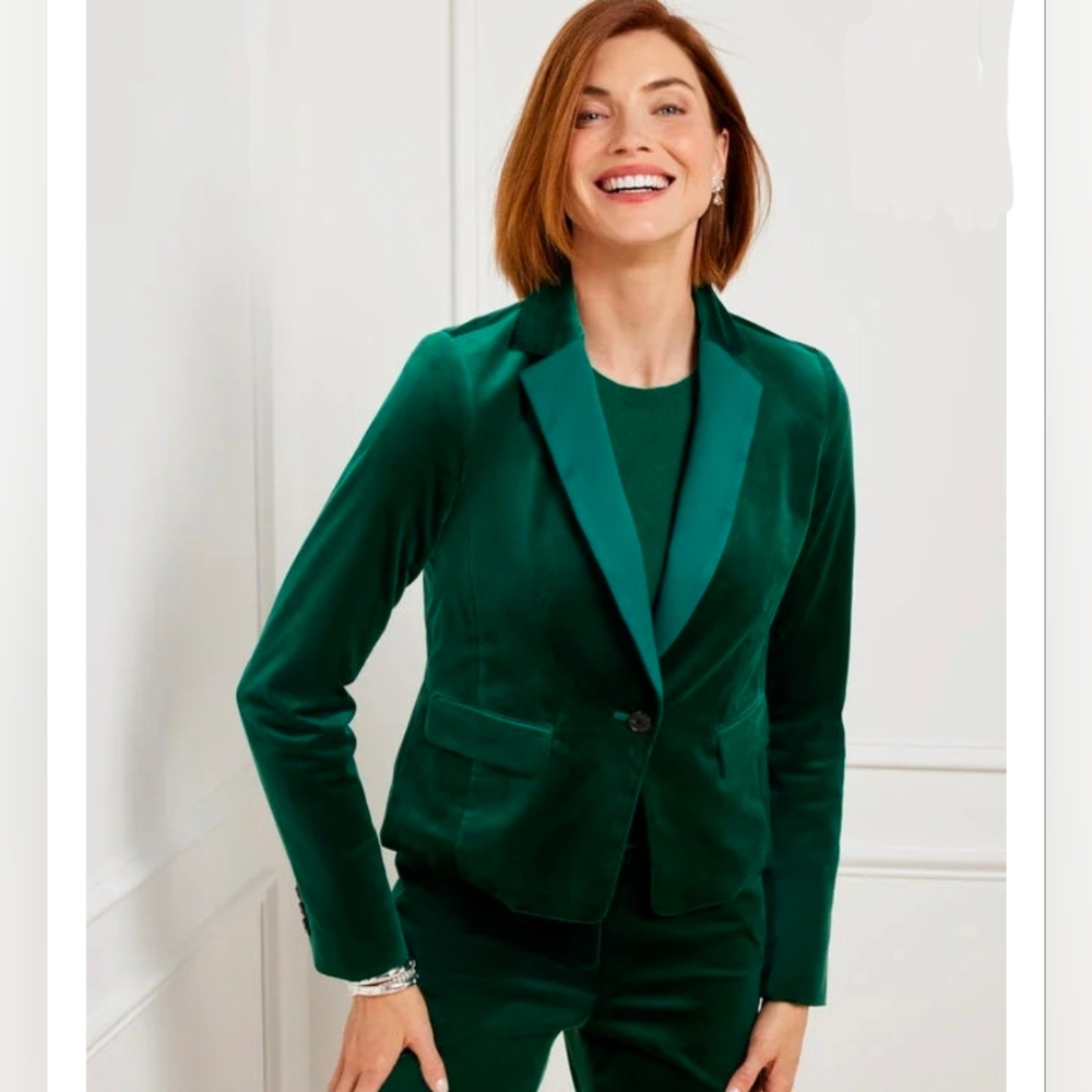 Talbots Green Velvet Satin Lined Single Button Cropped Blazer Size 12
